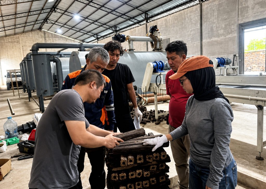 Sawdust briquette production line at customer factory in Indonesia